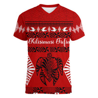 Personalised Tonga Kilisimasi Fiefia Women V Neck T Shirt Merry Christmas with Turtle Ngatu Pattern - Wonder Print Shop