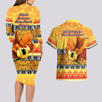 PNG Hamamas Krismas Couples Matching Long Sleeve Bodycon Dress and Hawaiian Shirt Papua New Guinea Bird Of Paradise Merry Christmas Gold Style LT9 - Wonder Print Shop
