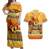PNG Hamamas Krismas Couples Matching Off Shoulder Maxi Dress and Hawaiian Shirt Papua New Guinea Bird Of Paradise Merry Christmas Gold Style LT9 - Wonder Print Shop
