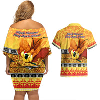 PNG Hamamas Krismas Couples Matching Off Shoulder Short Dress and Hawaiian Shirt Papua New Guinea Bird Of Paradise Merry Christmas Gold Style LT9 - Wonder Print Shop