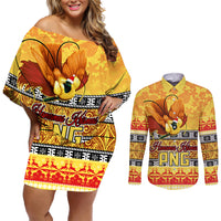 PNG Hamamas Krismas Couples Matching Off Shoulder Short Dress and Long Sleeve Button Shirt Papua New Guinea Bird Of Paradise Merry Christmas Gold Style LT9 - Wonder Print Shop
