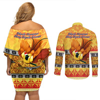 PNG Hamamas Krismas Couples Matching Off Shoulder Short Dress and Long Sleeve Button Shirt Papua New Guinea Bird Of Paradise Merry Christmas Gold Style LT9 - Wonder Print Shop