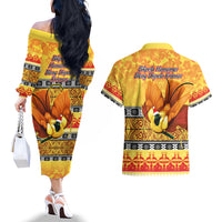 PNG Hamamas Krismas Couples Matching Off The Shoulder Long Sleeve Dress and Hawaiian Shirt Papua New Guinea Bird Of Paradise Merry Christmas Gold Style LT9 - Wonder Print Shop