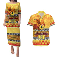 PNG Hamamas Krismas Couples Matching Puletasi Dress and Hawaiian Shirt Papua New Guinea Bird Of Paradise Merry Christmas Gold Style LT9 - Wonder Print Shop