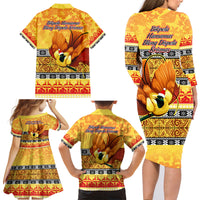PNG Hamamas Krismas Family Matching Long Sleeve Bodycon Dress and Hawaiian Shirt Papua New Guinea Bird Of Paradise Merry Christmas Gold Style LT9 - Wonder Print Shop