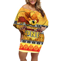 PNG Hamamas Krismas Off Shoulder Short Dress Papua New Guinea Bird Of Paradise Merry Christmas Gold Style - Wonder Print Shop