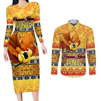 Personalised PNG Hamamas Krismas Couples Matching Long Sleeve Bodycon Dress and Long Sleeve Button Shirt Papua New Guinea Bird Of Paradise Merry Christmas Gold Style LT9 - Wonder Print Shop