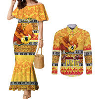 personalised-png-hamamas-krismas-couples-matching-mermaid-dress-and-long-sleeve-button-shirt-papua-new-guinea-bird-of-paradise-merry-christmas-gold-style