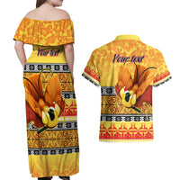 Personalised PNG Hamamas Krismas Couples Matching Off Shoulder Maxi Dress and Hawaiian Shirt Papua New Guinea Bird Of Paradise Merry Christmas Gold Style LT9 - Wonder Print Shop