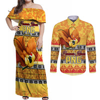 Personalised PNG Hamamas Krismas Couples Matching Off Shoulder Maxi Dress and Long Sleeve Button Shirt Papua New Guinea Bird Of Paradise Merry Christmas Gold Style LT9 - Wonder Print Shop