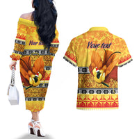 Personalised PNG Hamamas Krismas Couples Matching Off The Shoulder Long Sleeve Dress and Hawaiian Shirt Papua New Guinea Bird Of Paradise Merry Christmas Gold Style LT9 - Wonder Print Shop