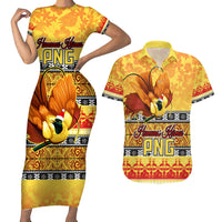 Personalised PNG Hamamas Krismas Couples Matching Short Sleeve Bodycon Dress and Hawaiian Shirt Papua New Guinea Bird Of Paradise Merry Christmas Gold Style LT9 - Wonder Print Shop