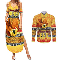 Personalised PNG Hamamas Krismas Couples Matching Summer Maxi Dress and Long Sleeve Button Shirt Papua New Guinea Bird Of Paradise Merry Christmas Gold Style LT9 - Wonder Print Shop