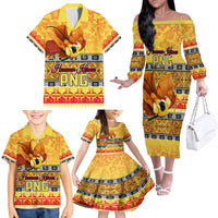 Personalised PNG Hamamas Krismas Family Matching Off Shoulder Long Sleeve Dress and Hawaiian Shirt Papua New Guinea Bird Of Paradise Merry Christmas Gold Style - Wonder Print Shop