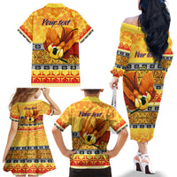 Personalised PNG Hamamas Krismas Family Matching Off Shoulder Long Sleeve Dress and Hawaiian Shirt Papua New Guinea Bird Of Paradise Merry Christmas Gold Style - Wonder Print Shop
