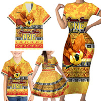 Personalised PNG Hamamas Krismas Family Matching Short Sleeve Bodycon Dress and Hawaiian Shirt Papua New Guinea Bird Of Paradise Merry Christmas Gold Style - Wonder Print Shop