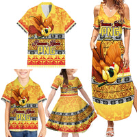 Personalised PNG Hamamas Krismas Family Matching Summer Maxi Dress and Hawaiian Shirt Papua New Guinea Bird Of Paradise Merry Christmas Gold Style - Wonder Print Shop