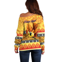 Personalised PNG Hamamas Krismas Off Shoulder Sweater Papua New Guinea Bird Of Paradise Merry Christmas Gold Style - Wonder Print Shop