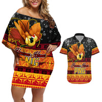 PNG Hamamas Krismas Couples Matching Off Shoulder Short Dress and Hawaiian Shirt Papua New Guinea Bird Of Paradise Merry Christmas Black Style LT9 - Wonder Print Shop