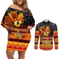 PNG Hamamas Krismas Couples Matching Off Shoulder Short Dress and Long Sleeve Button Shirt Papua New Guinea Bird Of Paradise Merry Christmas Black Style LT9 - Wonder Print Shop