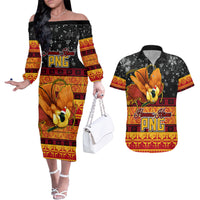 PNG Hamamas Krismas Couples Matching Off The Shoulder Long Sleeve Dress and Hawaiian Shirt Papua New Guinea Bird Of Paradise Merry Christmas Black Style LT9 - Wonder Print Shop