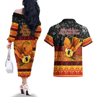 PNG Hamamas Krismas Couples Matching Off The Shoulder Long Sleeve Dress and Hawaiian Shirt Papua New Guinea Bird Of Paradise Merry Christmas Black Style LT9 - Wonder Print Shop