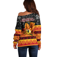 PNG Hamamas Krismas Off Shoulder Sweater Papua New Guinea Bird Of Paradise Merry Christmas Black Style - Wonder Print Shop