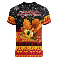 PNG Hamamas Krismas Women V Neck T Shirt Papua New Guinea Bird Of Paradise Merry Christmas Black Style - Wonder Print Shop