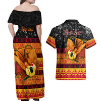 Personalised PNG Hamamas Krismas Couples Matching Off Shoulder Maxi Dress and Hawaiian Shirt Papua New Guinea Bird Of Paradise Merry Christmas Black Style LT9 - Wonder Print Shop