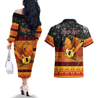 Personalised PNG Hamamas Krismas Couples Matching Off The Shoulder Long Sleeve Dress and Hawaiian Shirt Papua New Guinea Bird Of Paradise Merry Christmas Black Style LT9 - Wonder Print Shop