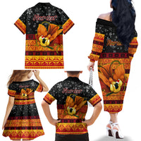 Personalised PNG Hamamas Krismas Family Matching Off Shoulder Long Sleeve Dress and Hawaiian Shirt Papua New Guinea Bird Of Paradise Merry Christmas Black Style - Wonder Print Shop