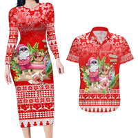 Personalised Hawaii Mele Kalikimaka Couples Matching Long Sleeve Bodycon Dress and Hawaiian Shirt Santa Beach Merry Christmas LT9 - Wonder Print Shop