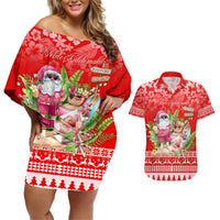 Personalised Hawaii Mele Kalikimaka Couples Matching Off Shoulder Short Dress and Hawaiian Shirt Santa Beach Merry Christmas LT9 - Wonder Print Shop