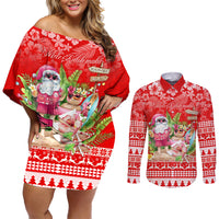 Personalised Hawaii Mele Kalikimaka Couples Matching Off Shoulder Short Dress and Long Sleeve Button Shirt Santa Beach Merry Christmas LT9 - Wonder Print Shop