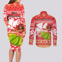 Hawaii Mele Kalikimaka Couples Matching Long Sleeve Bodycon Dress and Long Sleeve Button Shirt Santa Claus and Hula Dancing Merry Christmas LT9 - Wonder Print Shop