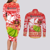 Personalised Hawaii Mele Kalikimaka Couples Matching Long Sleeve Bodycon Dress and Long Sleeve Button Shirt Santa Claus and Hula Dancing Merry Christmas LT9 - Wonder Print Shop