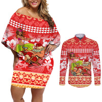 Personalised Hawaii Mele Kalikimaka Couples Matching Off Shoulder Short Dress and Long Sleeve Button Shirt Santa Claus and Hula Dancing Merry Christmas LT9 - Wonder Print Shop