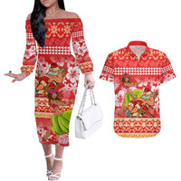 Personalised Hawaii Mele Kalikimaka Couples Matching Off The Shoulder Long Sleeve Dress and Hawaiian Shirt Santa Claus and Hula Dancing Merry Christmas LT9 - Wonder Print Shop
