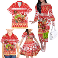 Personalised Hawaii Mele Kalikimaka Family Matching Off Shoulder Long Sleeve Dress and Hawaiian Shirt Santa Claus and Hula Dancing Merry Christmas - Wonder Print Shop