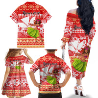 Personalised Hawaii Mele Kalikimaka Family Matching Off Shoulder Long Sleeve Dress and Hawaiian Shirt Santa Claus and Hula Dancing Merry Christmas - Wonder Print Shop