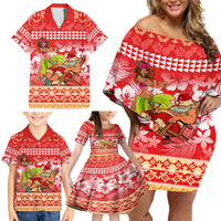 Personalised Hawaii Mele Kalikimaka Family Matching Off Shoulder Short Dress and Hawaiian Shirt Santa Claus and Hula Dancing Merry Christmas LT9 - Wonder Print Shop