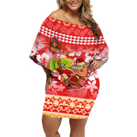 Personalised Hawaii Mele Kalikimaka Family Matching Off Shoulder Short Dress and Hawaiian Shirt Santa Claus and Hula Dancing Merry Christmas LT9 - Wonder Print Shop