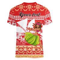 Personalised Hawaii Mele Kalikimaka Women V Neck T Shirt Santa Claus and Hula Dancing Merry Christmas - Wonder Print Shop