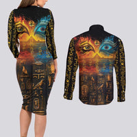 Eye of Ra and Eye of Horus Couples Matching Long Sleeve Bodycon Dress and Long Sleeve Button Shirt Power and Magic Ancient Egyptian Mythology LT9 - Wonder Print Shop