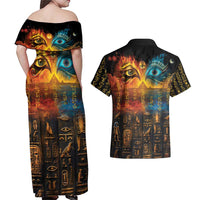 Eye of Ra and Eye of Horus Couples Matching Off Shoulder Maxi Dress and Hawaiian Shirt Power and Magic Ancient Egyptian Mythology LT9 - Wonder Print Shop