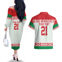 Belarus Ice Hockey Custom Couples Matching Off The Shoulder Long Sleeve Dress and Hawaiian Shirt With Bison Mascot Flag Style