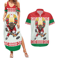 Belarus Ice Hockey Custom Couples Matching Summer Maxi Dress and Hawaiian Shirt With Bison Mascot Flag Style