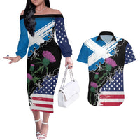 Scottish-American Heritage Month Couples Matching Off The Shoulder Long Sleeve Dress and Hawaiian Shirt Proud Scottish American Heritage