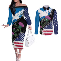 Scottish-American Heritage Month Couples Matching Off The Shoulder Long Sleeve Dress and Long Sleeve Button Shirt Proud Scottish American Heritage