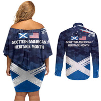 USA Scotland Flag Couples Matching Off Shoulder Short Dress and Long Sleeve Button Shirt My Nation My Heritage